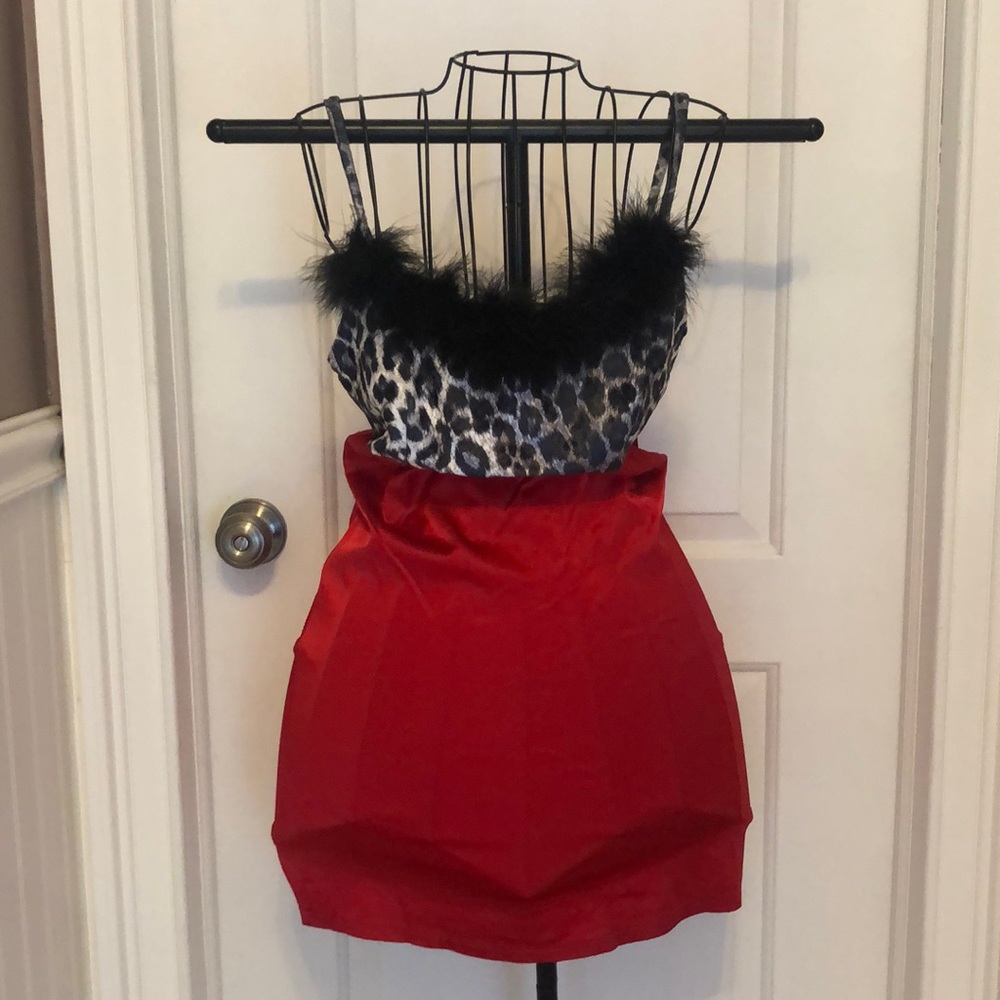 1990”s red Lycra dress with white/black leopard trim